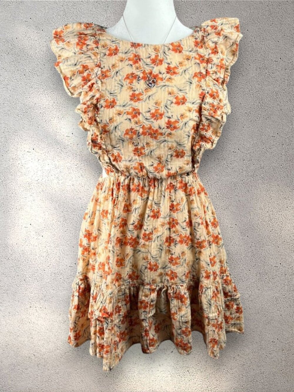 MINKPINK Zahari Summer Dress Women’s S Orange Mini Ruffle Floral Bohemian Beach
